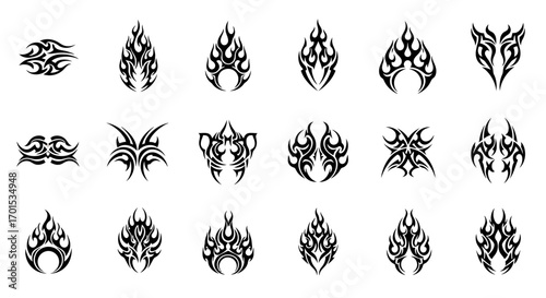 Collection of twenty abstract tribal flame tattoo designs. Set of black and white fire symbols, vector stencils for body art and graphic design