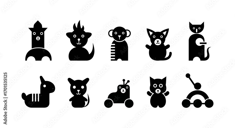 Fototapeta premium A diverse collection of minimalist black silhouette characters and abstract creature icons, featuring a variety of playful and imaginative figures in a clean, flat graphic design style