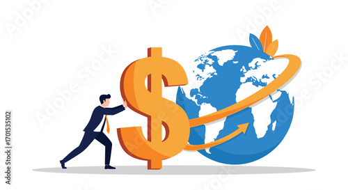 Businessman pushing giant dollar symbol towards global business growth and financial success