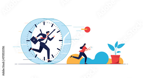 Business people racing against time to achieve goals and deadlines efficiently