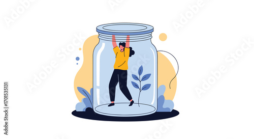 Person trapped inside a jar feeling confined and seeking an escape route out