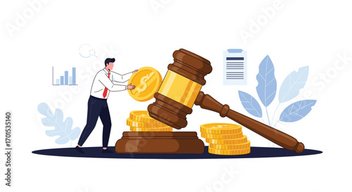 Financial legal justice system concept represented by a gavel and money