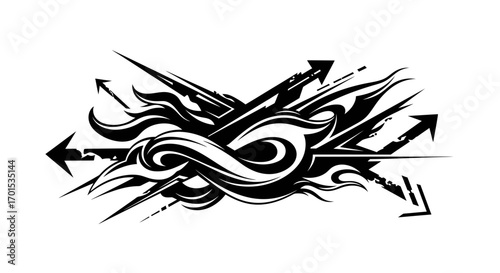 Dynamic Black and White Graffiti Design with Arrows and Flames for Urban Art Enthusiasts