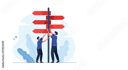 Two people collaborate to make decisions at a crossroads signpost
