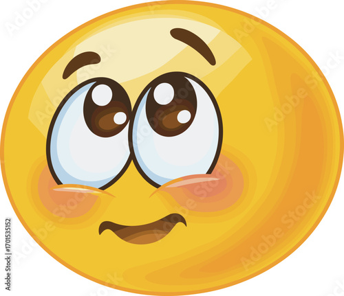 Cute blushing shy emoji with big sparkling eyes, bashful expression, adorable face, emotional smile, sweet feeling, isolated flat vector illustration