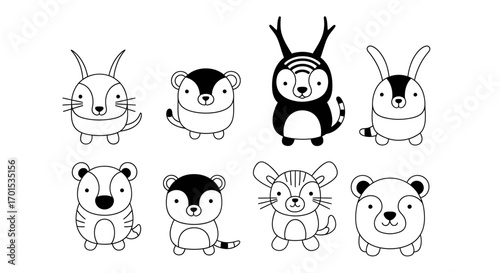An endearing assembly of black and white cartoon animal line art illustrations, perfect for delightful children's books, educational activities, and charming nursery decor designs