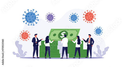 Business team managing financial support during pandemic crisis with virus symbols and money stacks