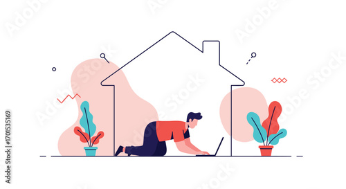 A person working from home under a protective house shape surrounded by plants and abstract shapes