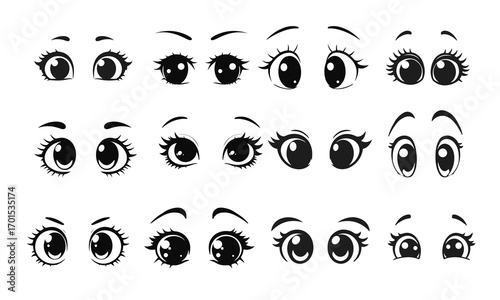 Collection of cartoon eyes in various expressions, black and white vector style with funny and surprised looks, cartoon eyes, funny expressions, vector eyes, comic style, eyes collection