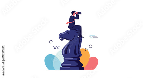 Strategic visionary looking ahead from atop a giant chess piece discovering future opportunities