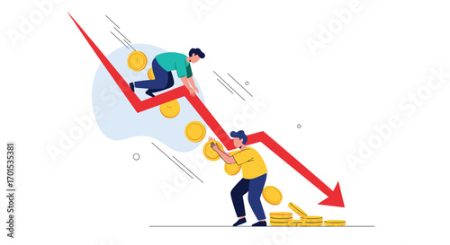 Financial downward spiral people struggling with falling investments and economic crisis