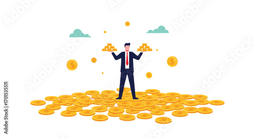 Man balancing gold coins represents financial success and wealth accumulation