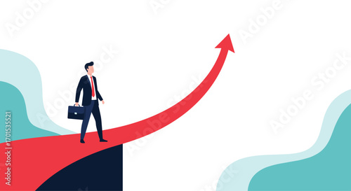 Business professional walking on a red arrow bridge towards future success
