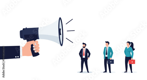 Hand with megaphone announcing important information to small business people