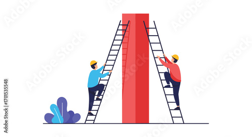 Two workers climb ladders up a tall red pillar aiming for the top