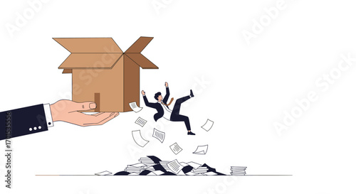 Hand dumps businessmen from open cardboard box into pile of paperwork creating chaos