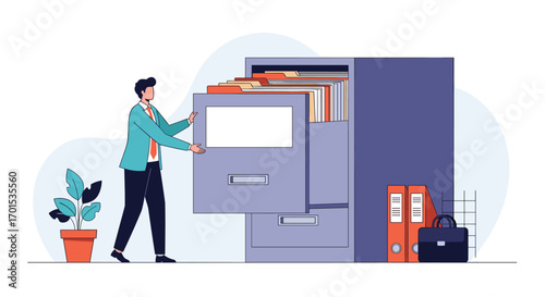 Business professional organizing documents in filing cabinet for efficient record keeping and data management