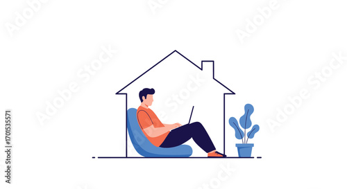 Man working remotely from home using laptop and relaxing on beanbag chair