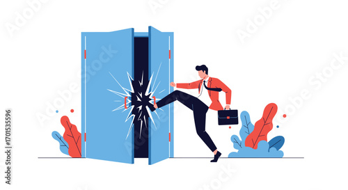 Determined businessman breaks through a closed door with a forceful kick