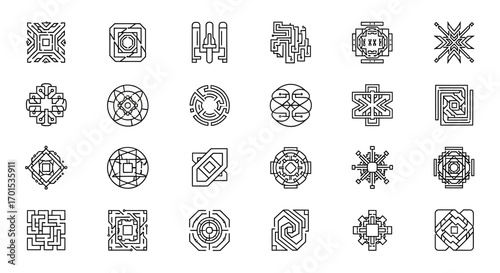 Set of unique abstract geometric symbols in a thin line art style. A versatile collection of icons and logo templates for corporate branding