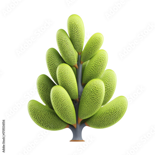 Stylized green tree with textured oval leaves symmetrical branching pattern dark gray trunk