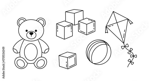 Collection of Simple Line Art Children's Toys Teddy Bear, Cubes, Ball, and Kite Illustration