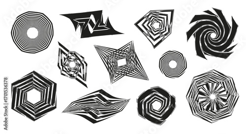 Futuristic black and white vector graphic elements. A diverse collection of abstract geometric op-art shapes, hypnotic spirals, and modern symbols