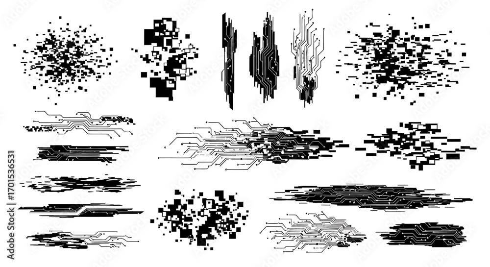 A dynamic collection of monochrome abstract elements depicting digital decay, pixelated noise, and corrupted data streams for futuristic technological concepts