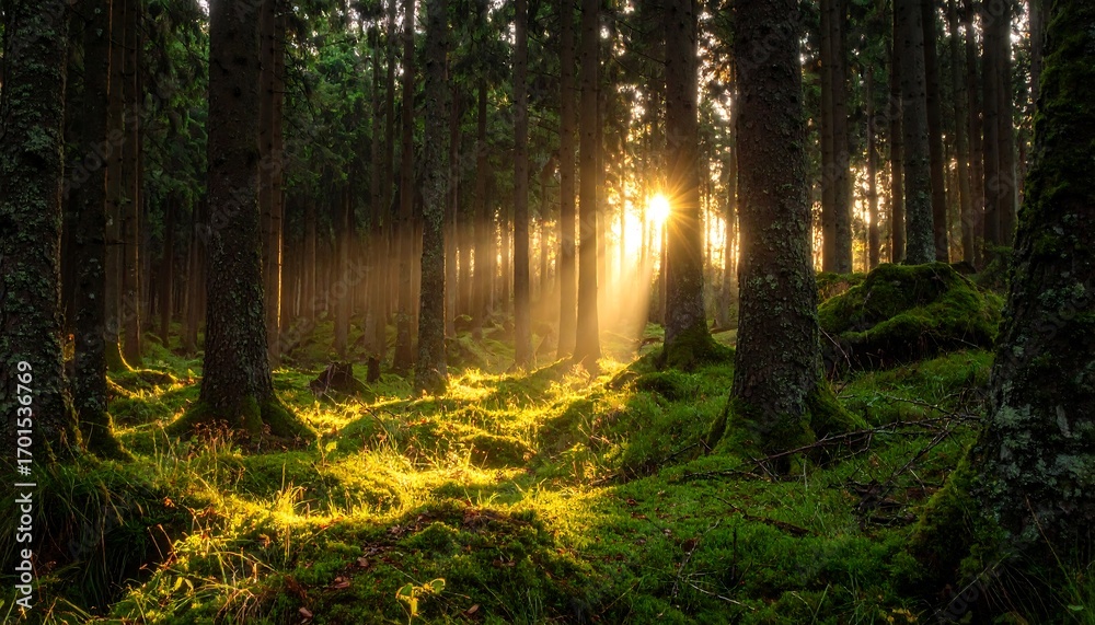 Fototapeta premium Golden sunlight streams through a dense forest, illuminating mossy ground and tall trees.