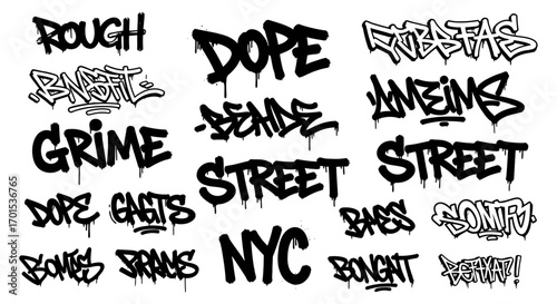 Set of urban graffiti style word art in black and white, featuring dripping spray paint textures and bold lettering for street culture designs