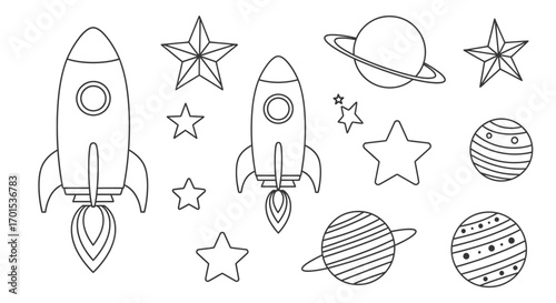 Space Adventure Coloring Page Rockets, Planets, and Stars Outline