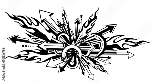 Energetic explosion of abstract arrows and tribal flames in a chaotic, dynamic graffiti style composition on a white background