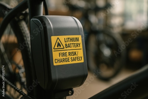 A lithium battery pack mounted on an electric bike displays a fire safety warning label, emphasizing proper charging practices and caution.