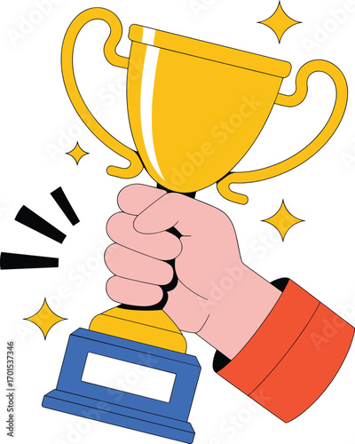 Hand holding golden trophy cup award illustration, celebration of success, achievement, victory, champion prize, winning competition, recognition, leadership, reward.