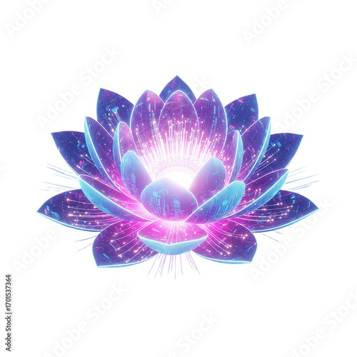 Glowing Lotus Flower Isolated on Black Background, Spiritual Energy Concept