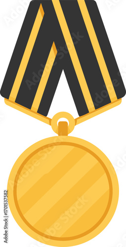 Gold medal with black ribbon illustration, achievement award symbol, success recognition design, victory prize concept, champion honor vector, competition winner artwork.