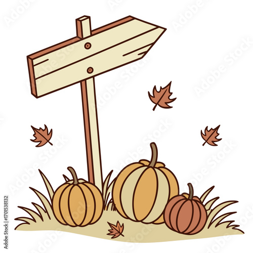 Wooden arrow sign on stake with small pumpkins and falling leaves for autumn decoration