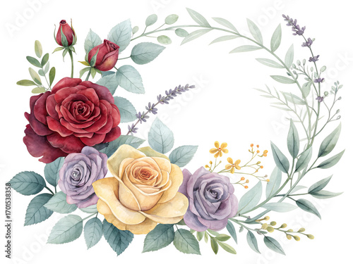Red purple yellow roses lavender foliage wreath isolated on a transparent background image