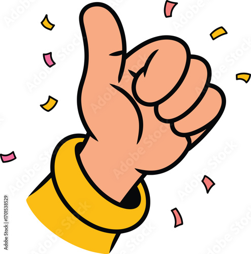 Cartoon hand giving thumbs up, success approval gesture illustration, positive symbol with confetti, celebration concept, encouragement design, motivational artwork vector.
