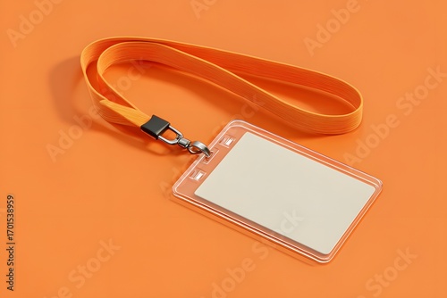 Blank ID badge with orange lanyard on orange background, concept of name tag, identification, corporate event and office access