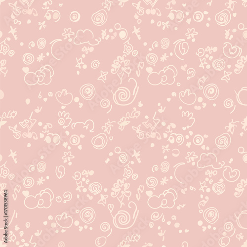 Seamless pattern with hand drawn clouds, stars, hearts and circles on pink background, seamless pattern, Stock royalty free image.