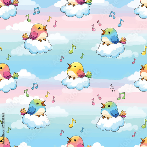 Seamless pattern with singing birds on clouds and colorful musical notes, patern seamless, Stock royalty free.