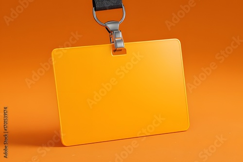 Blank ID badge with orange lanyard on orange background, concept of name tag, identification, corporate event and office access