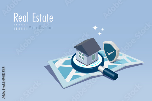 Magnifying glass searching qualified house on map. Buy new home, real estate, mortgage loan and property investment for family. Isometric Vector.