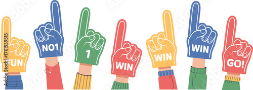 Colorful foam finger hands illustration, number one fan gesture, sports cheering symbol, fun winning sign, victory celebration design, supporter artwork.