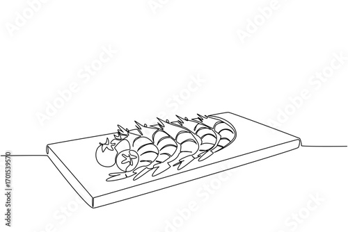 Continuous one line drawing 5 cooked shrimps lined up on a square wooden cutting board. Sour and savory protein. Delicious. Meal. National Shrimp Day. Single line draw design vector illustration
