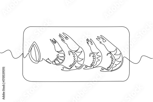 Single one line drawing shrimp lined up 4 on a black square plate. Food presentation pays attention to aesthetics. Deliciousness. National Shrimp Day. Continuous line design graphic illustration