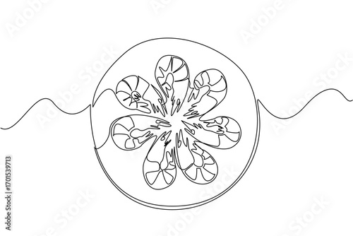 Continuous one line drawing several shrimps arranged in a circle on a circular wooden cutting board. The presentation is appetizing. National Shrimp Day. Single line draw design vector illustration