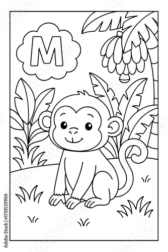 Alphabet coloring page with letter M and a cute monkey in the jungle, perfect for preschool kids learning and fun coloring activities.