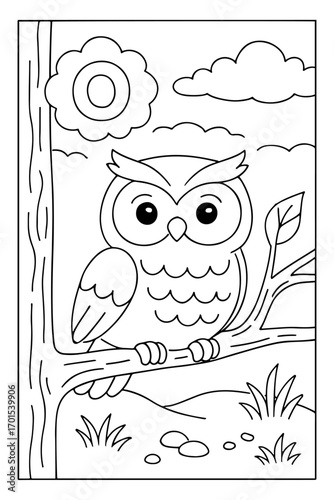 Alphabet coloring page with letter O and a cute owl sitting on a tree branch, perfect for preschool kids learning letters while enjoying creative coloring fun.